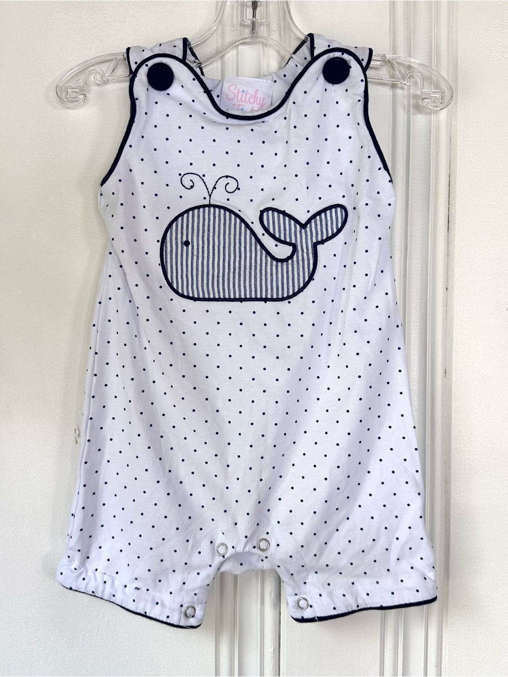 Stitchy Fish 6M Baby Romper with Whale detail